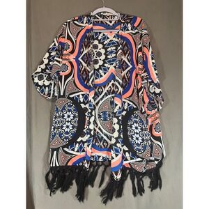 Wishful Pygmy‎ Women's Kimono Jacket Orange Blue Geometric Print Fringe L